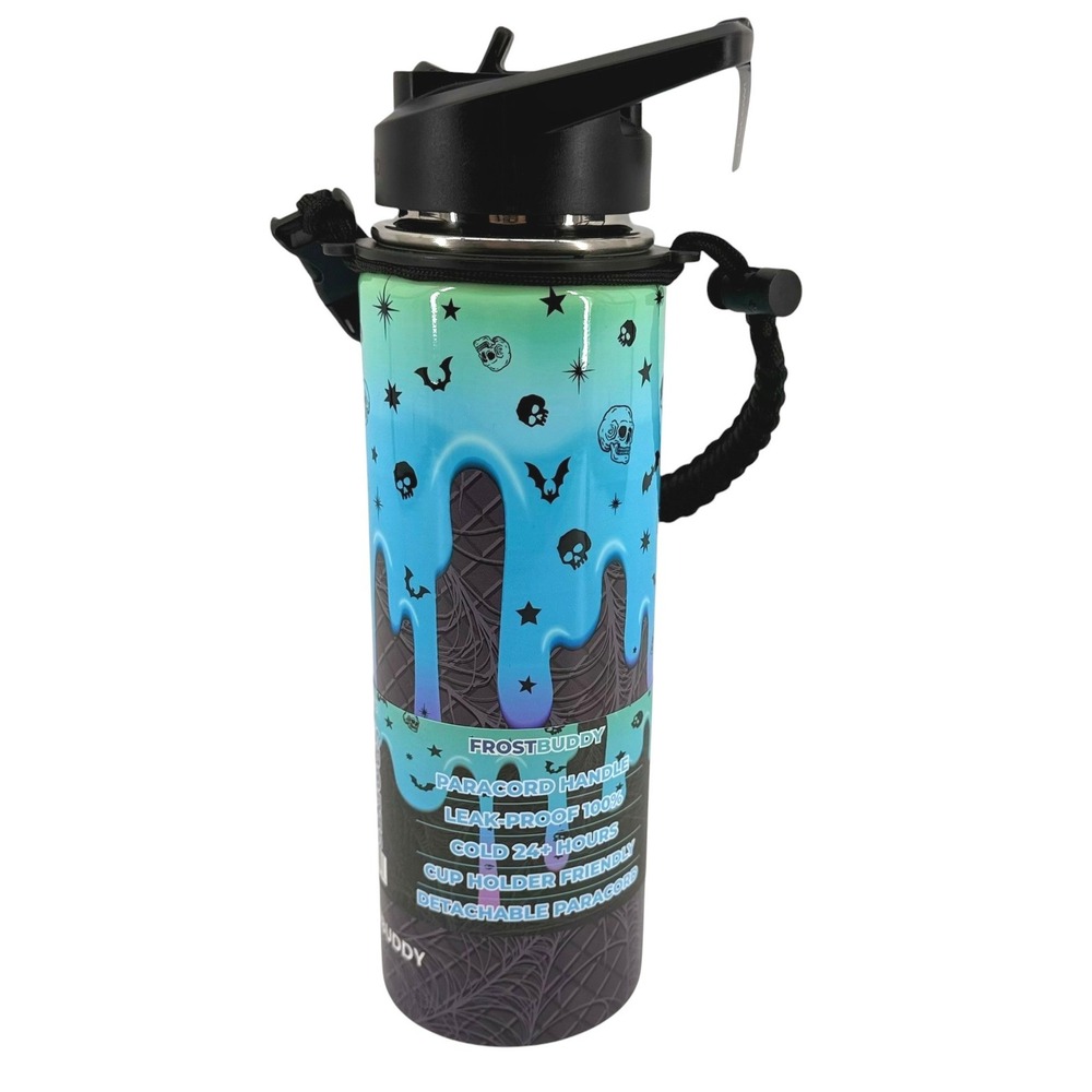 FrostBuddy Sports Buddy 24oz Glow in Dark Slime Skulls Water Bottle Paracord NEW